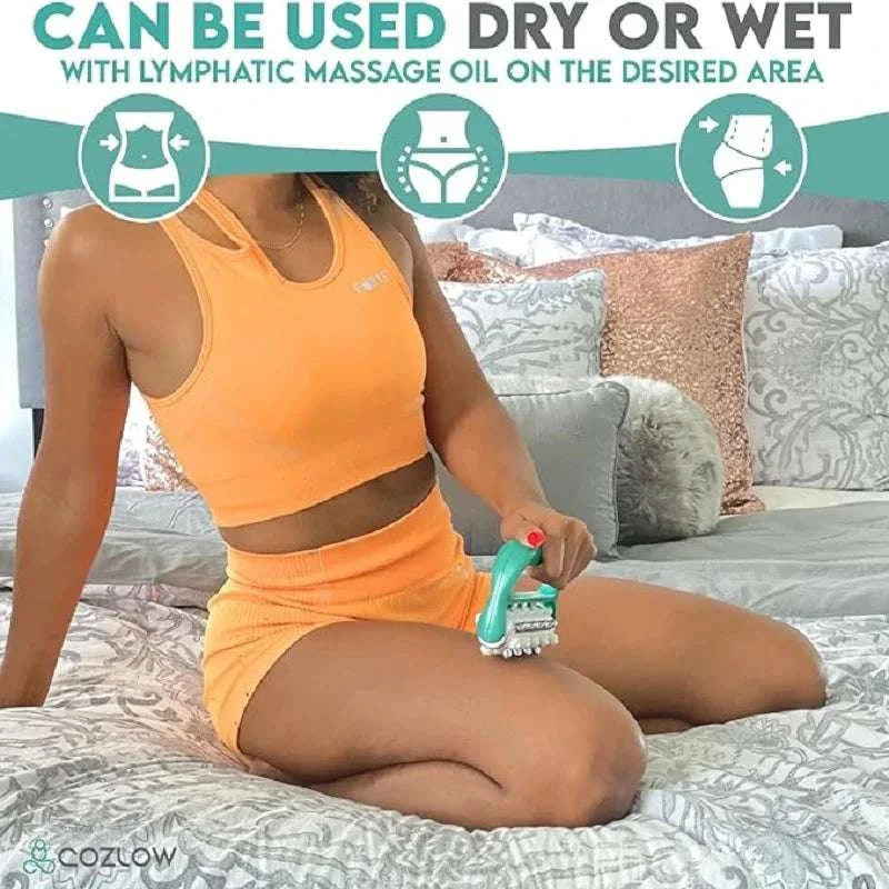 Woman using MyoRelease Lymphatic Drainage Massager on thigh for deep tissue and lymphatic massage at home