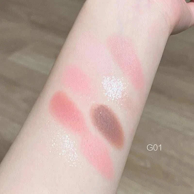 Swatches of 8-Color Pink Orange Eyeshadow Palette showing pink, orange, peachy tones, and shimmer on arm skin.