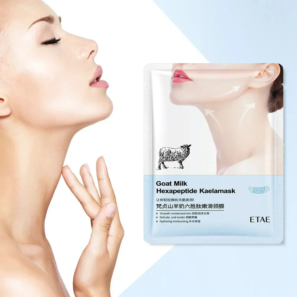 Goat Milk Six Peptides Neck Mask for firming, moisturizing, and collagen boost, shown with woman applying mask to neck.