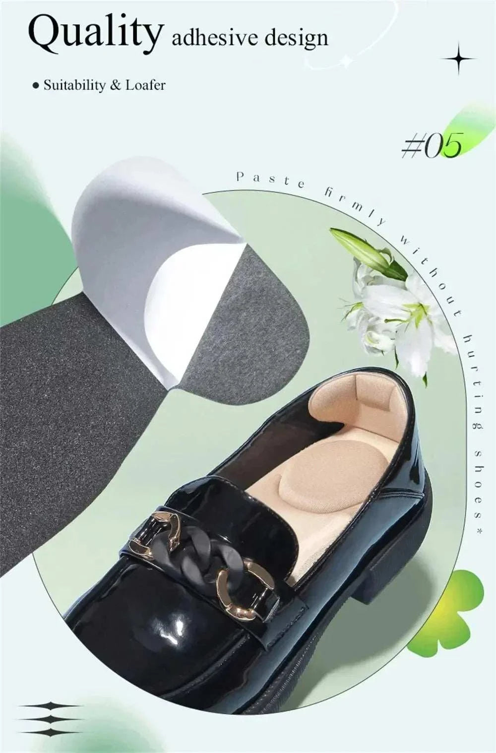 Memory foam high-heel insoles with adhesive backing for comfortable heel and arch support in women's shoes