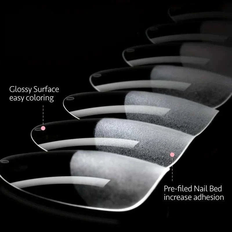 120-piece set of full cover press-on nail tips in various shapes with glossy surface and pre-filed nail beds for easy coloring and better adhesion