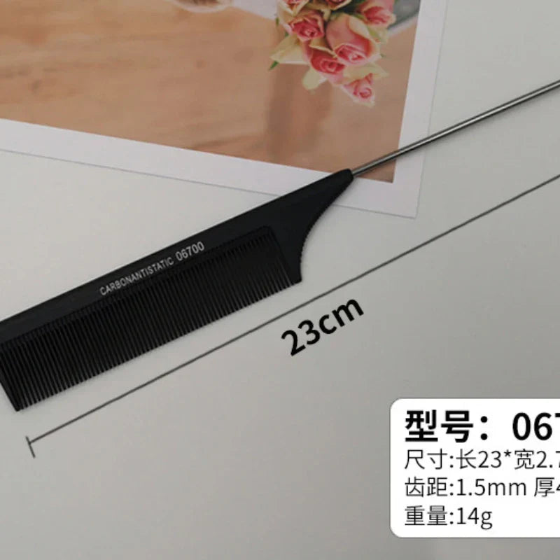 Professional hair tail comb with stainless steel tail and fine teeth for precision styling and sectioning, 23cm length.