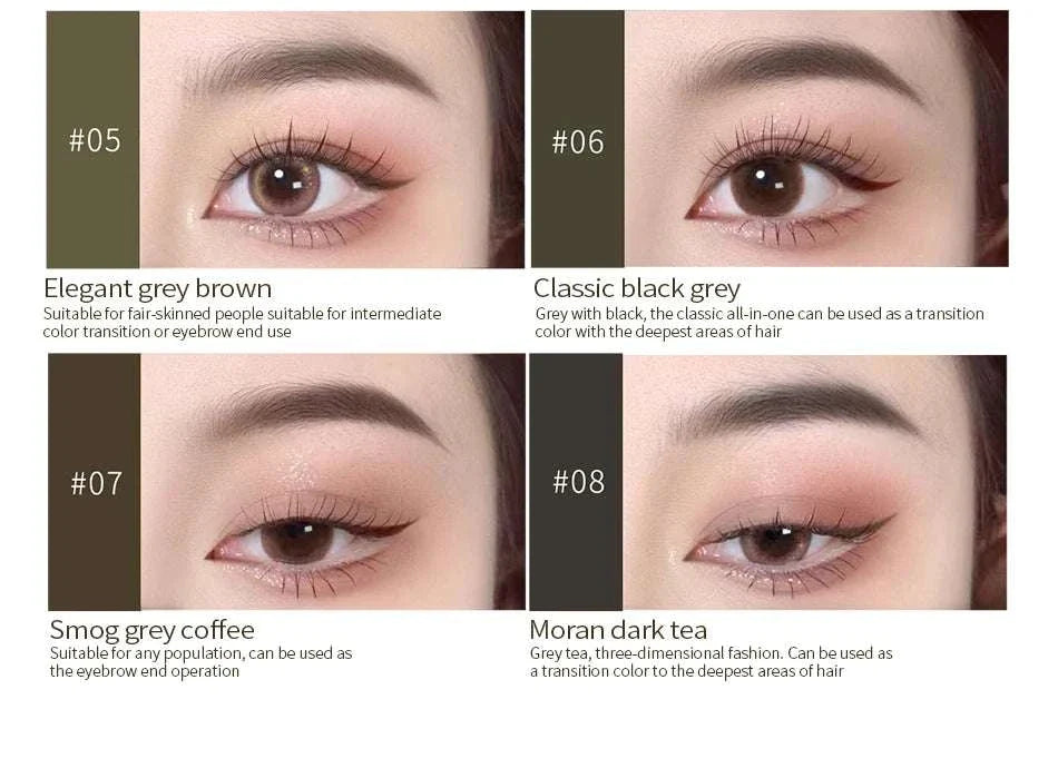 Borala 26 Colors permanent makeup tattoo pigments eyebrow shades sample showing elegant grey brown, classic black grey, smog grey coffee, and moran dark tea colors.