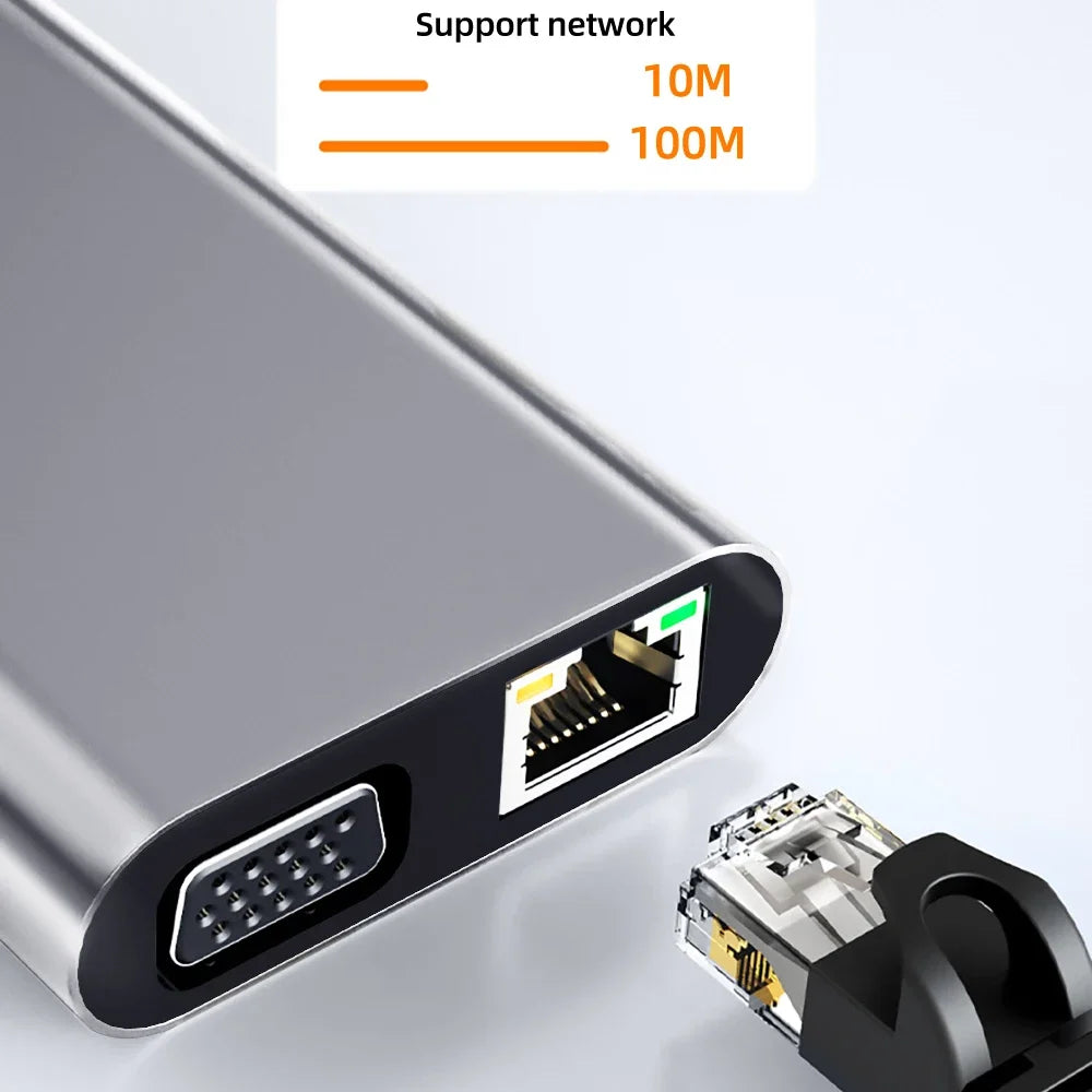 11-in-1 USB-C Docking Station with VGA and Gigabit Ethernet ports in sleek aluminum casing