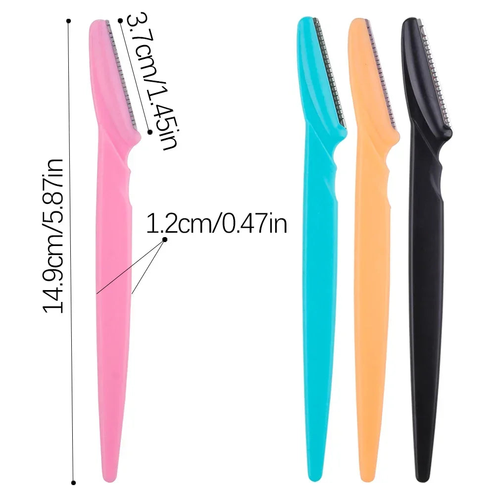 3/10pcs eyebrow trimmer and face shaver set with safe stainless steel blades in pink, blue, orange, and black colors for gentle hair removal and precise grooming.