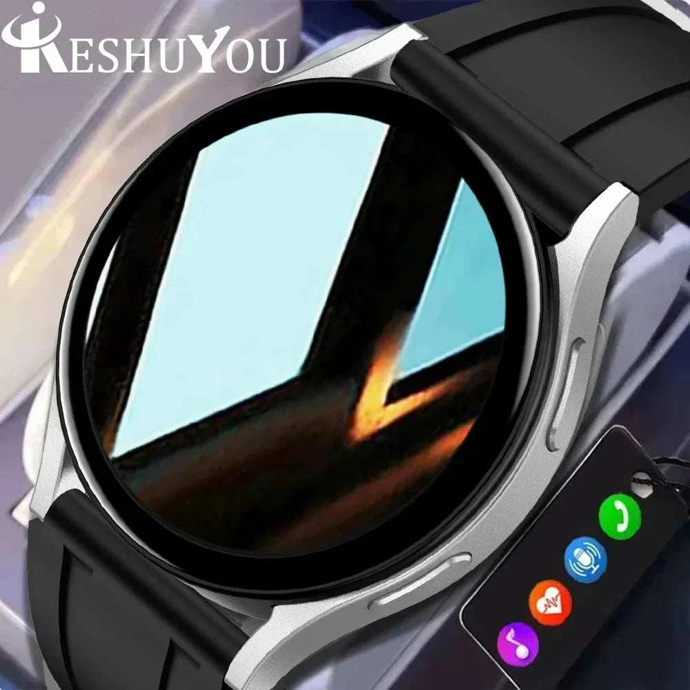 KESHUYOU 2025 New Watch 6 sleek round touchscreen smartwatch with black band and smart connectivity icons