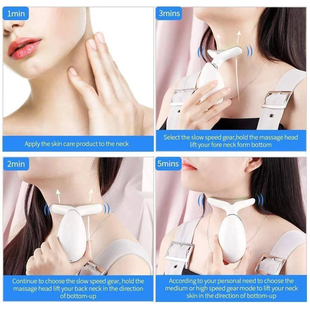 3-in-1 face massager being used on neck showing step-by-step skincare application and massage directions
