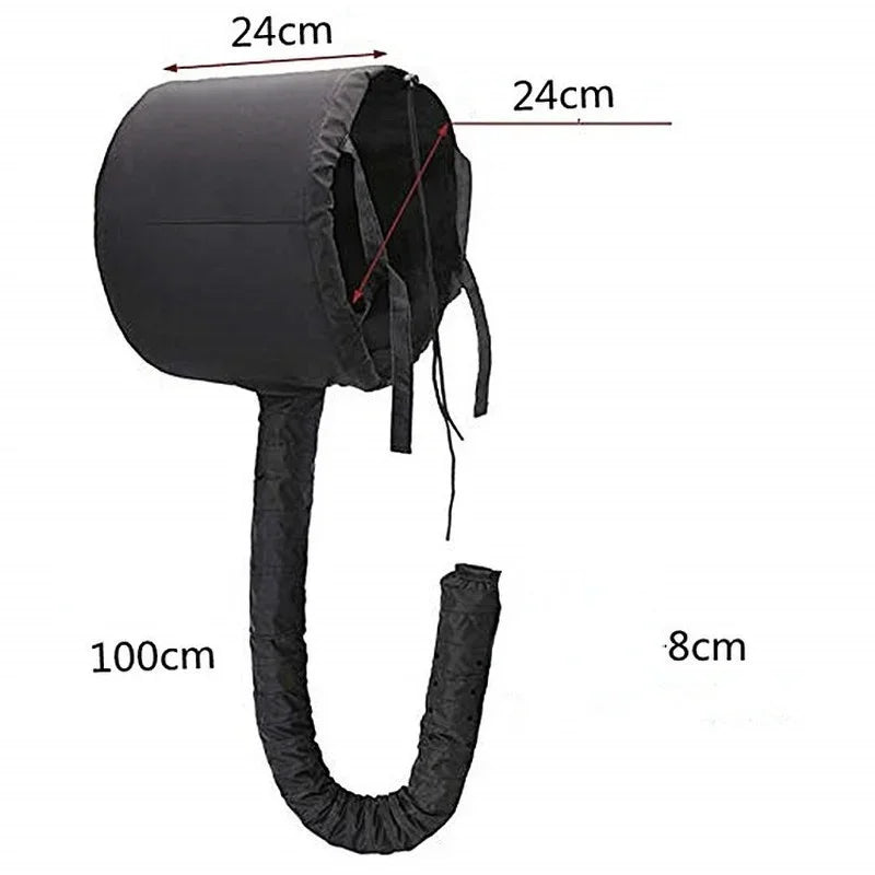 Portable Hair Bonnet Dryer Cap with adjustable drawstring, compatible with handheld dryers, black fabric design, compact and foldable for travel