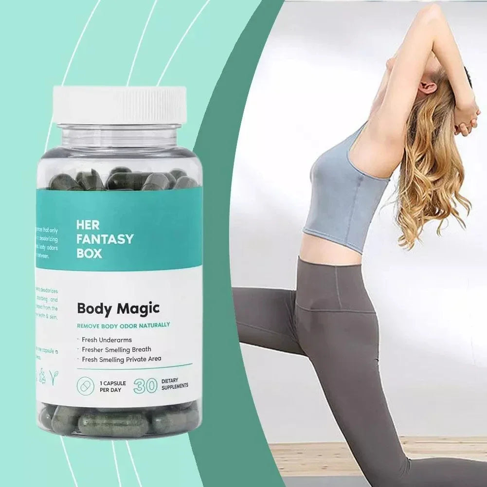 Bottle of Chlorophyll Capsules dietary supplement with a woman stretching in activewear promoting wellness and natural energy.