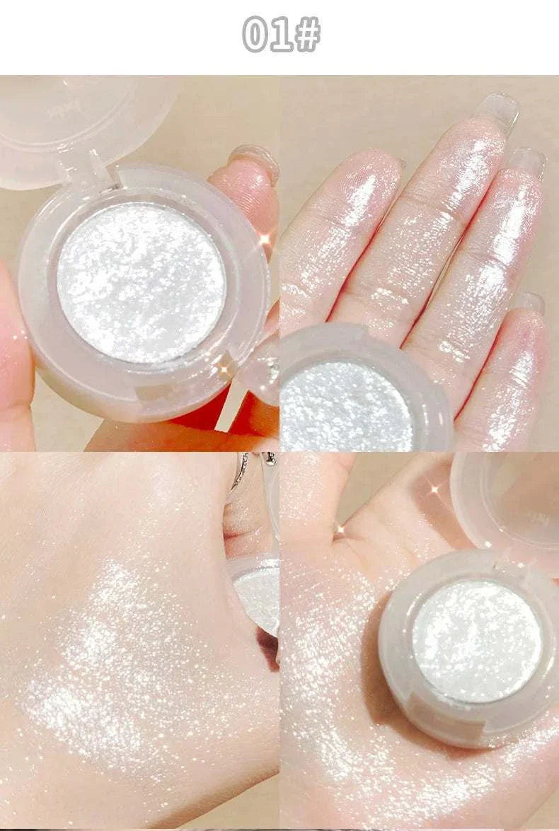 Diamond Glitter Monochrome Eyeshadow Palette showing shimmering white glitter eyeshadow swatched on fingers and hand.