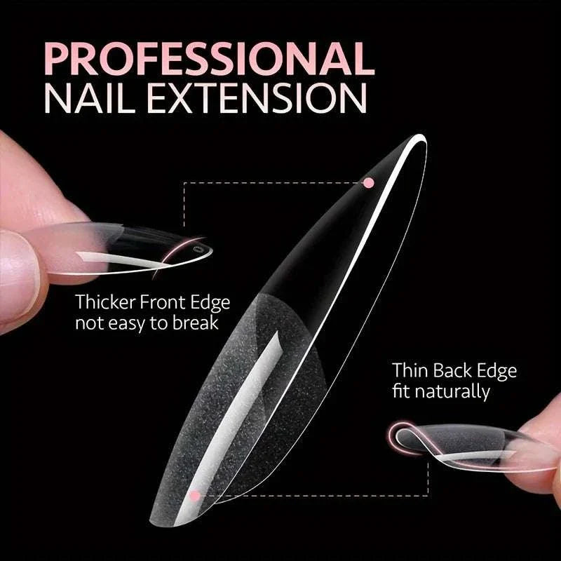 120-piece full cover press-on nail tips set with stiletto, almond, square, and coffin shapes for professional nail extensions