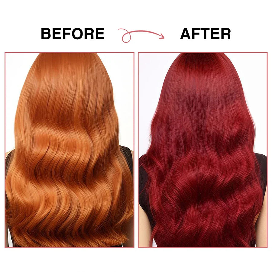Before and after hair color transformation using GOIPLE Hair Colour Wax showing vibrant red shade on wavy hair