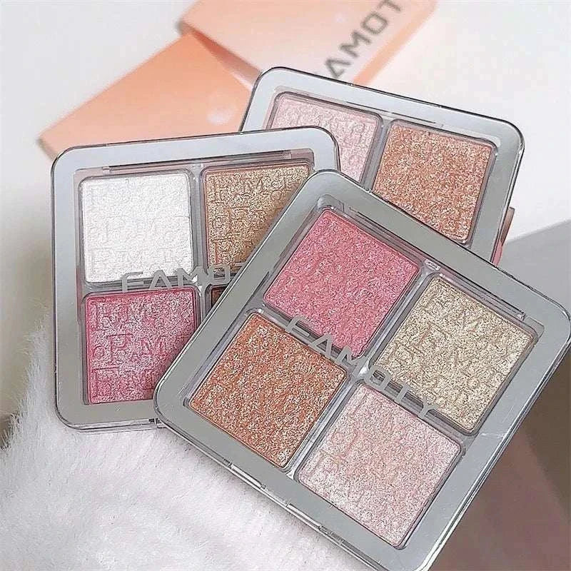 4 Colors Diamond Highlighter Powder Palette with four radiant shimmering shades in a compact travel-friendly case for glowing skin