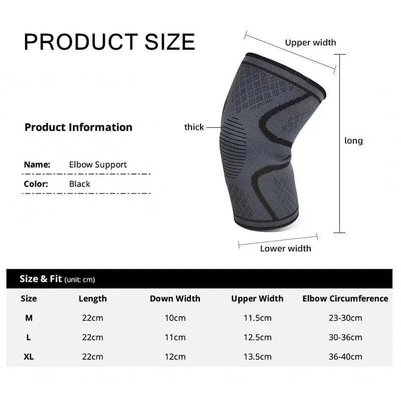 Black elastic elbow support sleeve with compression fit, breathable nylon material, and size chart for M, L, XL.