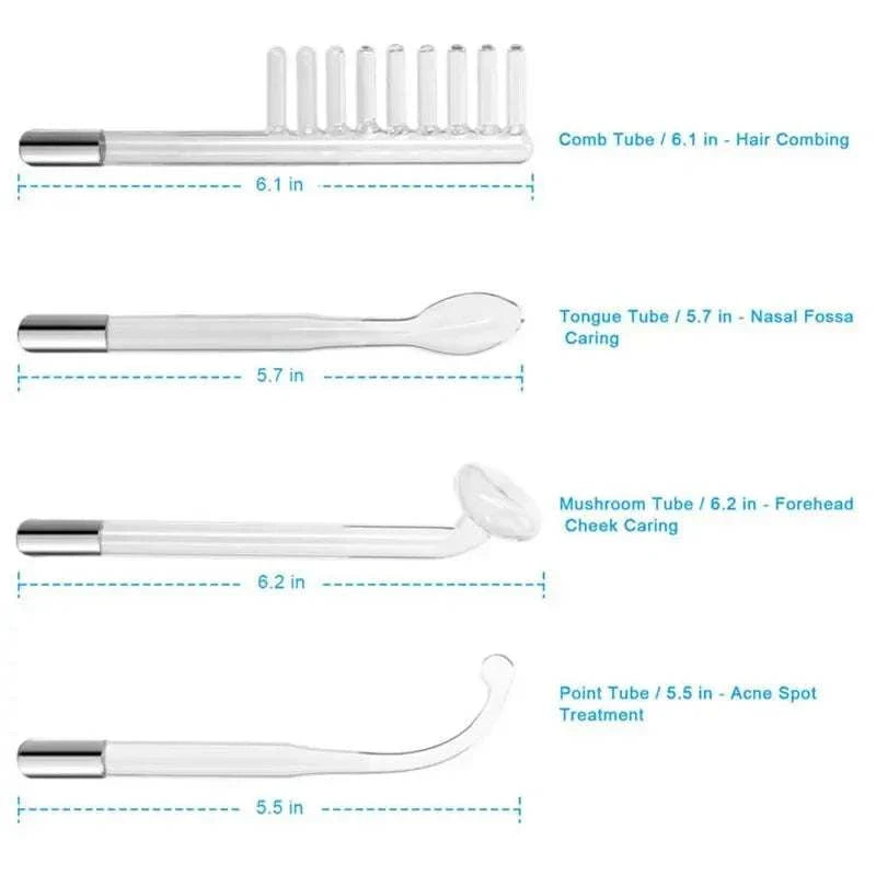 4-in-1 Handheld Electric Facial Therapy Wand with interchangeable electrodes for hair combing, nasal care, forehead and cheek treatment, and acne spot treatment, compact and portable skincare tool.