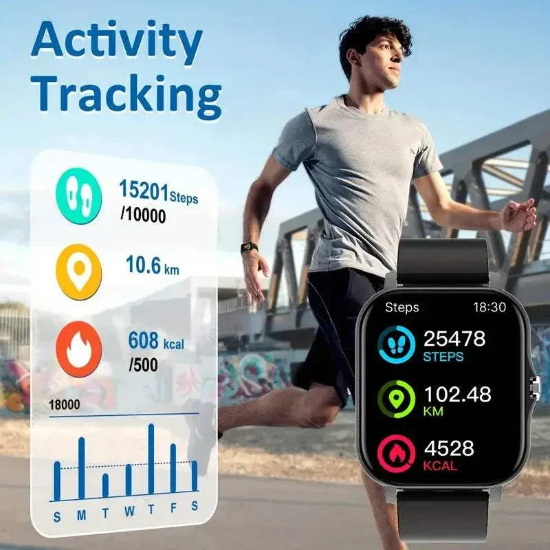 KESHUYOU 2025 Smart Watch showing activity tracking features including steps, distance, and calories burned on a runner's wrist outdoors