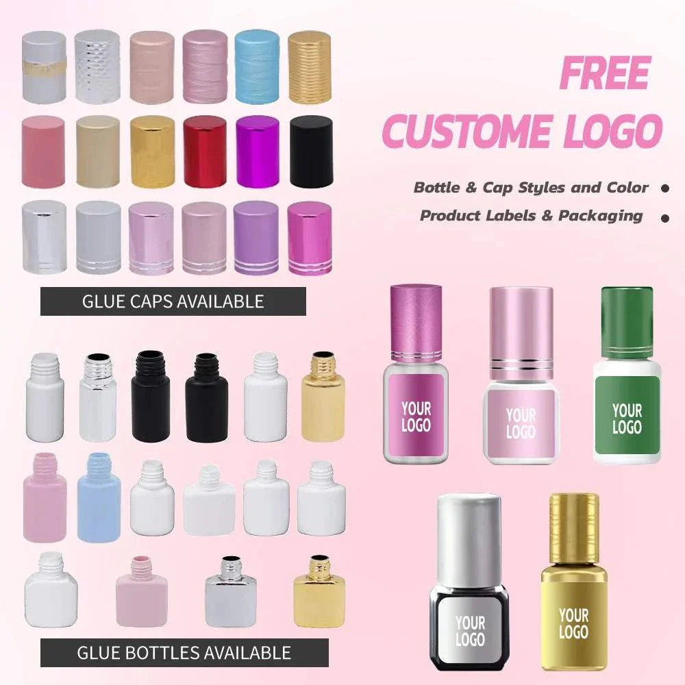 Variety of customizable eyelash extension glue bottles and caps in multiple colors with free custom logo option for professional use