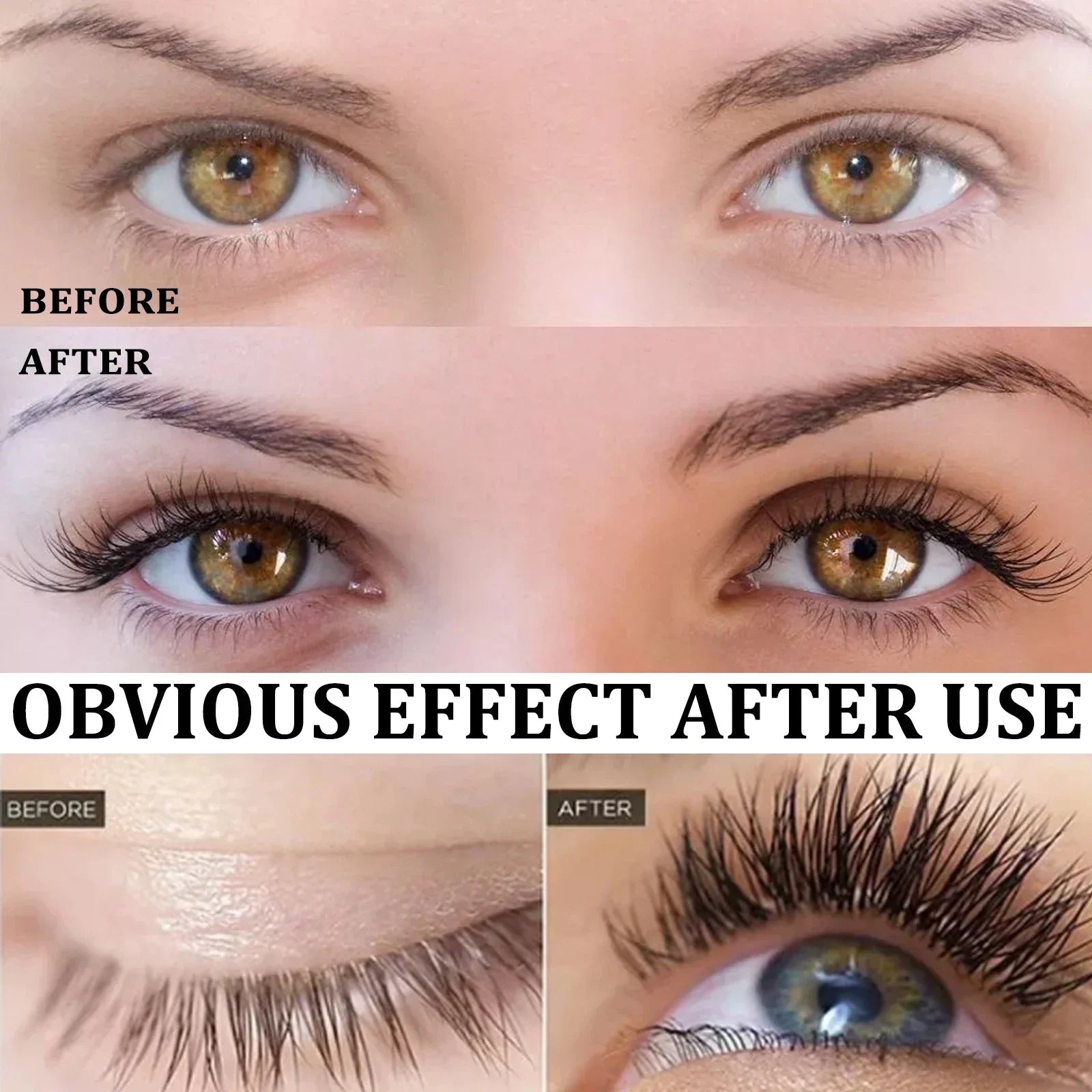 Before and after comparison showing longer, thicker, and lifted lashes with Eyelash Enhancer Serum use