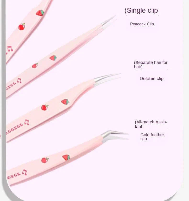 Set of 6 pink false eyelash tweezers with various tip styles for precise lash application and removal
