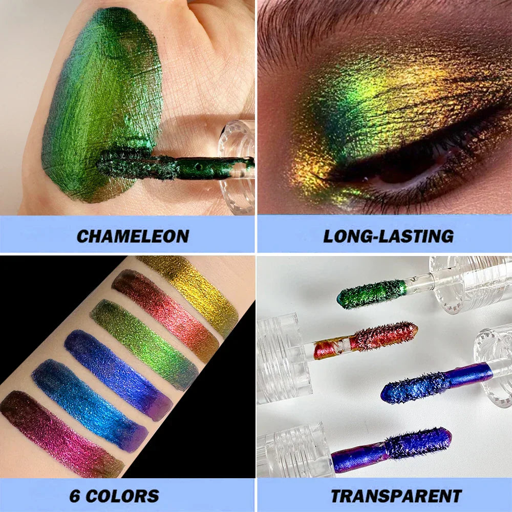 Chrome shifting chameleon liquid eyeshadow with multichrome colors, long-lasting wear, and smooth application in six vibrant shades
