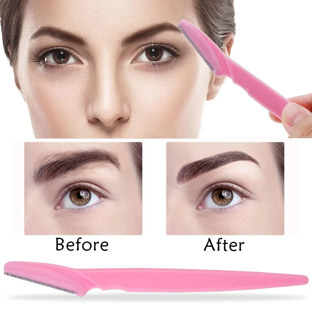 Pink eyebrow trimmer and face shaver set showing before and after eyebrow grooming results