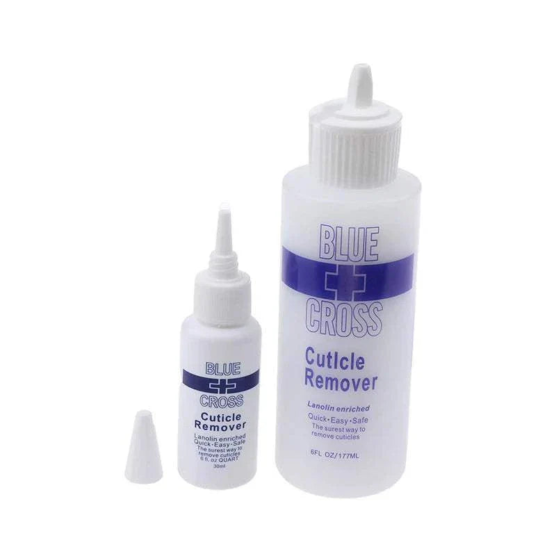 Blue Cross Foot Cuticle Remove exfoliator bottles with precision applicator caps for softening and removing dead skin and cuticles.