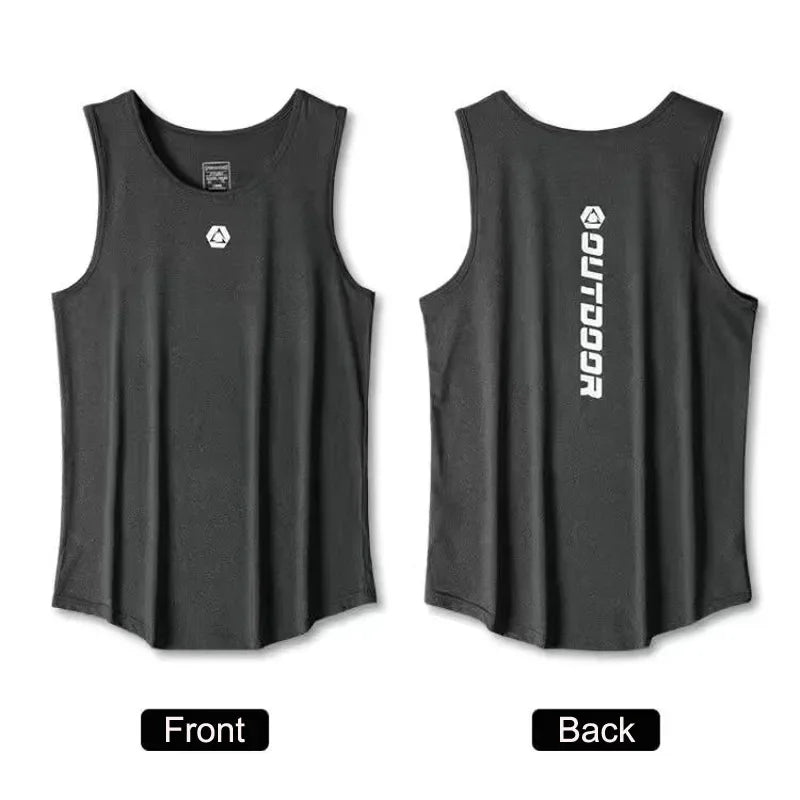 Black men's summer quick-dry fitness vest front and back view, lightweight breathable sleeveless top with logo