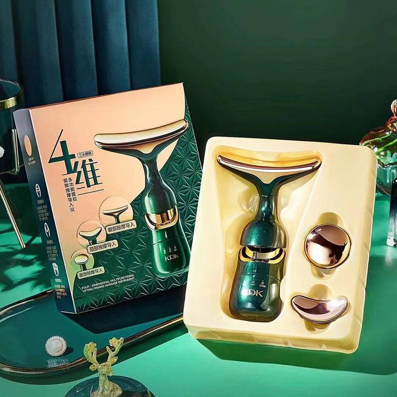 3-in-1 Facial Lifting Device with EMS microcurrent technology and LED light therapy for neck, face, and eye massage in green and gold design