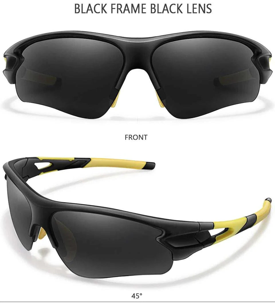 Brand Fashion unisex sports sunglasses with black frame and lenses, UV400 protection, lightweight and durable design for outdoor activities.