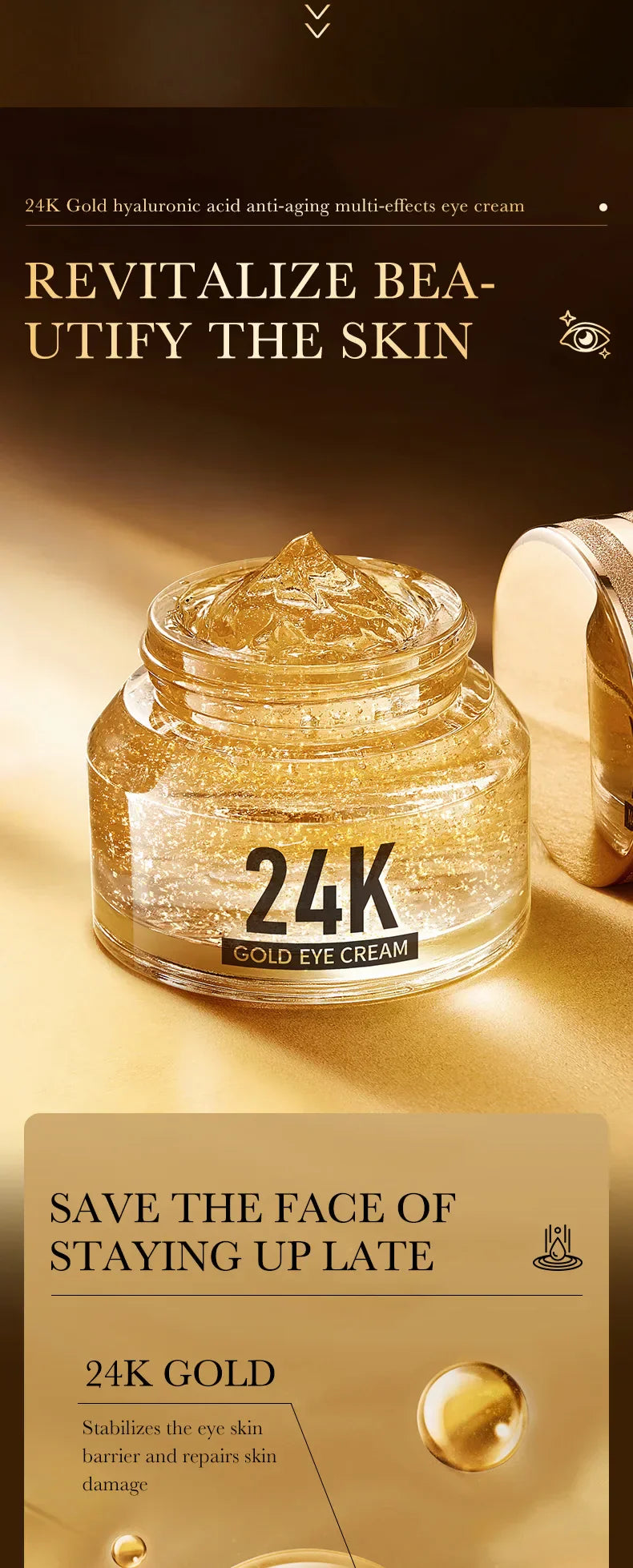 24K gold hyaluronic acid eye cream jar with golden gel for anti-aging and brightening treatment