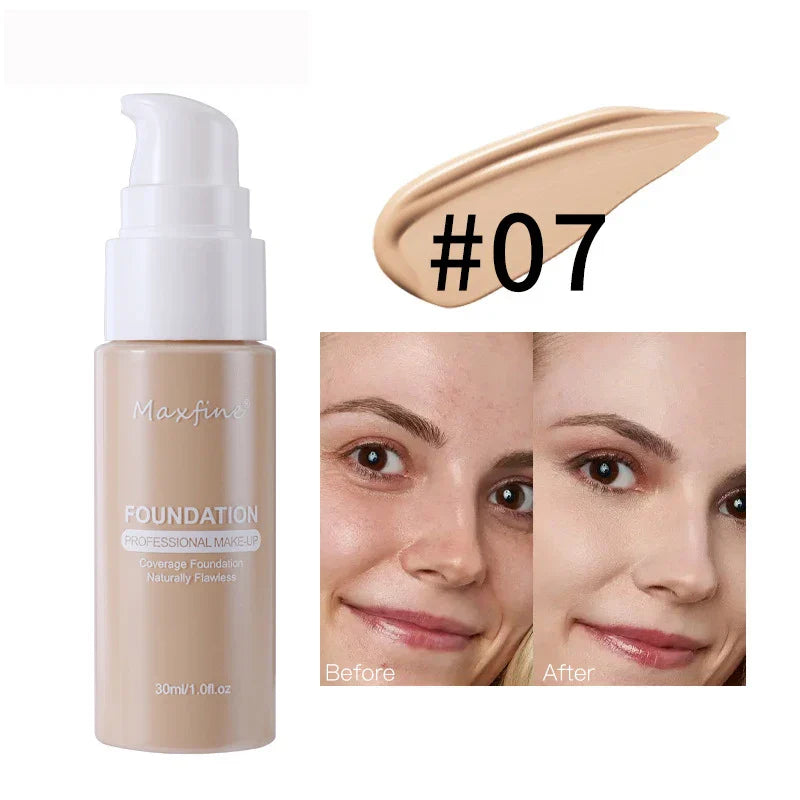 Liquid Foundation & Concealer bottle shade #07 with before and after face showing smooth, even skin coverage, professional waterproof makeup.