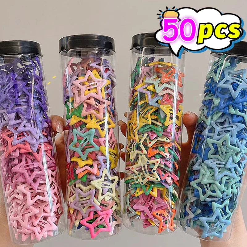 50pcs colorful kawaii star barrettes in various bright colors, snap hair clips for playful Y2K style
