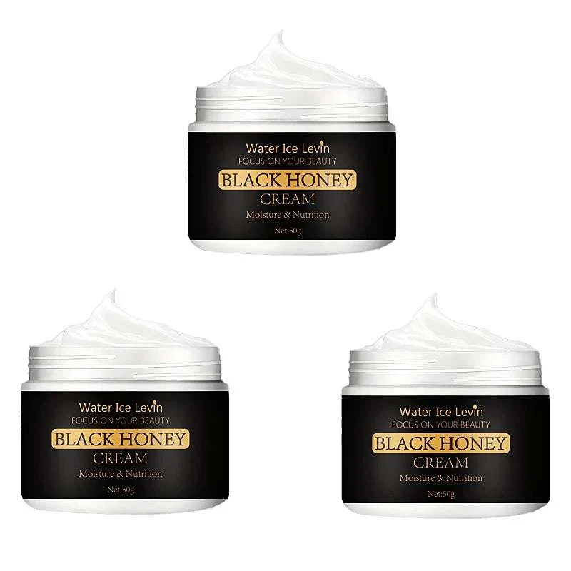 Three jars of Water Ice Levin Black Honey Cream for moisture and nutrition, 50g each, designed for anti-aging and wrinkle removal with bee venom infusion.