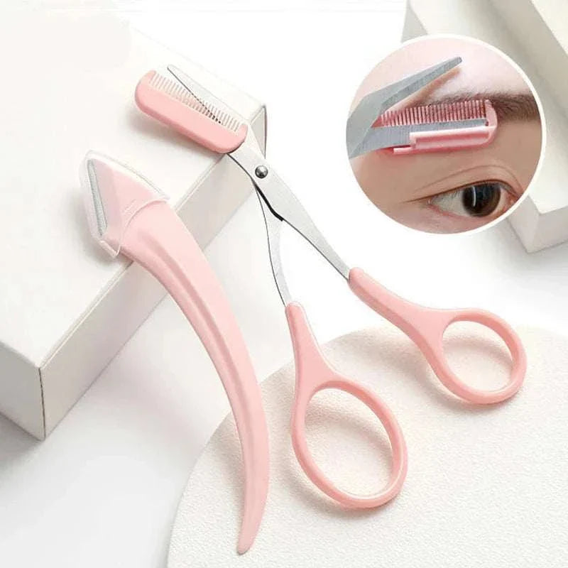 Karsyngirl Eyebrow Trimming Knife Set with pink ergonomic handle, precision blades, and built-in comb for shaping eyebrows and facial hair.