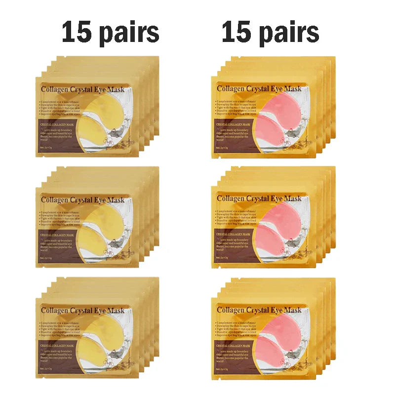 Gold Collagen Crystal Eye Mask packs in gold and pink, 15 pairs each, moisturizing and firming under-eye patches with collagen and hyaluronic acid for anti-aging and hydration.