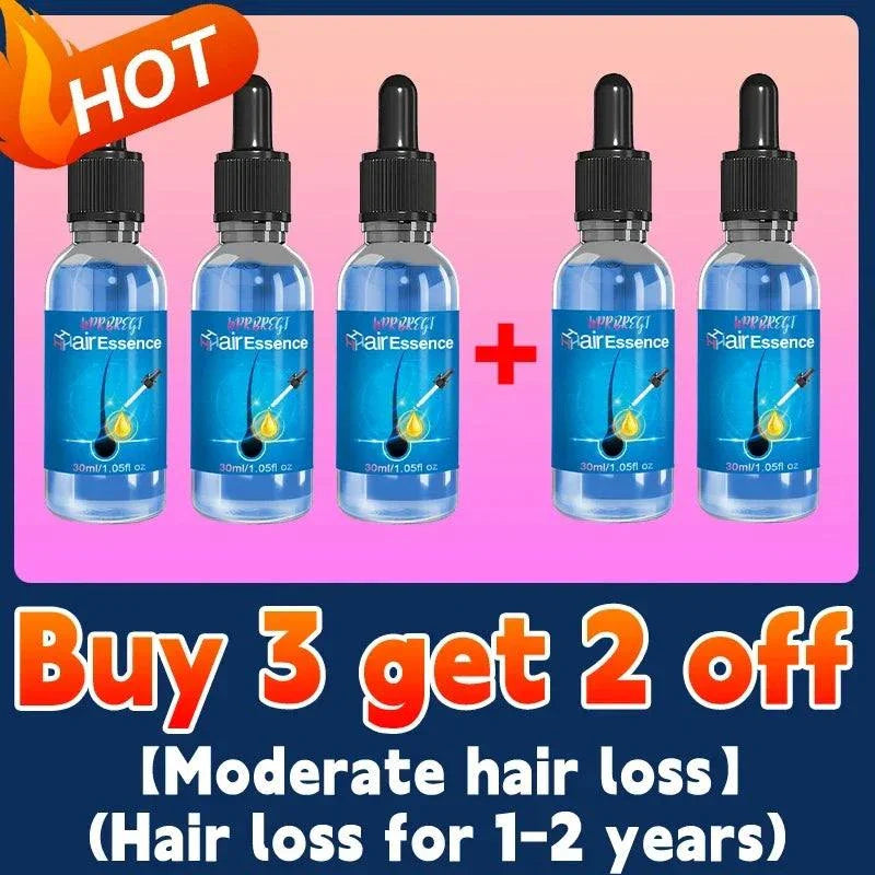 Set of five blue bottles of hair growth treatment with dropper caps, promotional offer text for buy 3 get 2 free, designed for moderate hair loss treatment.