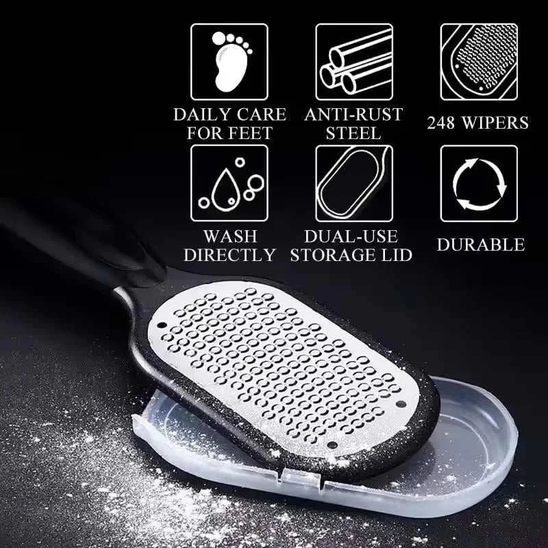 Foot File Professional Rasp with anti-rust steel surface, ergonomic handle, dual-use storage lid, durable and washable for daily foot care and callus removal.