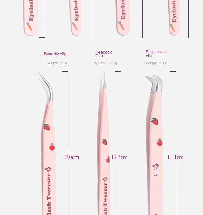 Pink false eyelash tweezers set with butterfly clip, peacock clip, and eagle nozzle clip precision tips for lash application and removal.