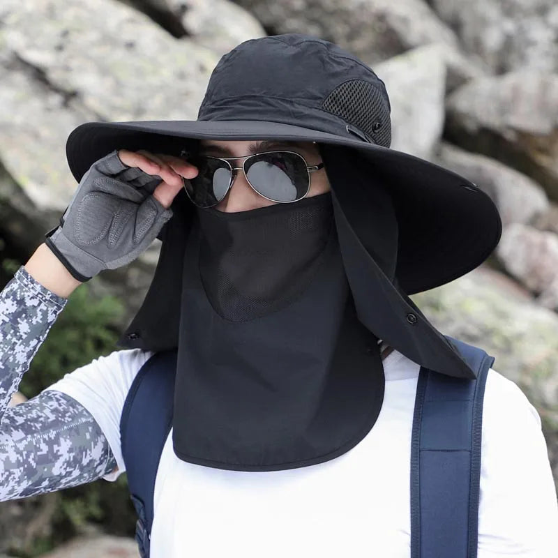 Breathable sunshade cap with wide brim, neck flap, and mesh panels for UV protection and ventilation during outdoor activities