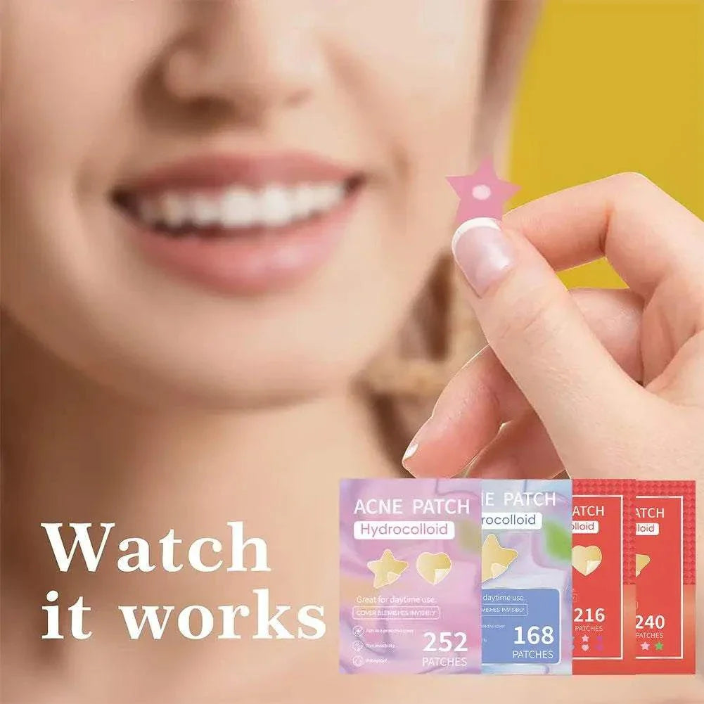 Smiling person holding a pink colorful star-shaped pimple patch with four colorful acne patch packages in the foreground and text "Watch it works" on a yellow background.