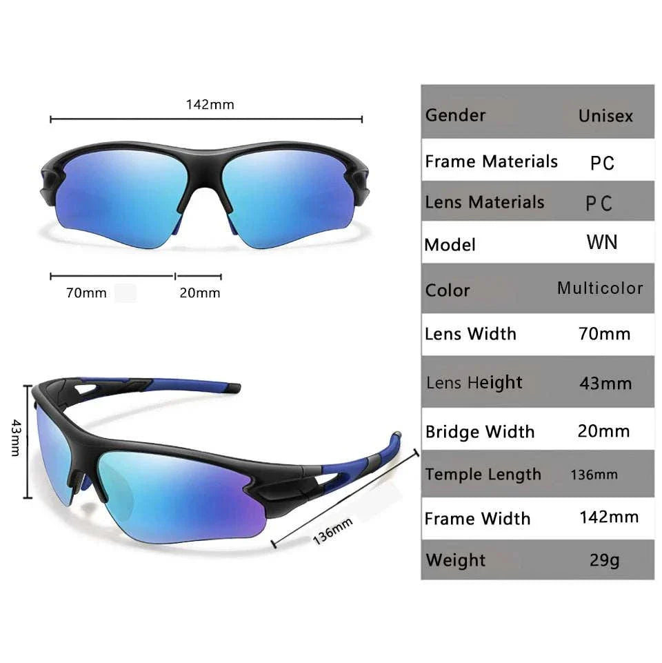 Unisex Brand Fashion Women & Men Sunglasses with multicolor PC frame and lenses, UV400 protection, sporty design, measuring 142mm width and 43mm height, lightweight 29g for outdoor sports.