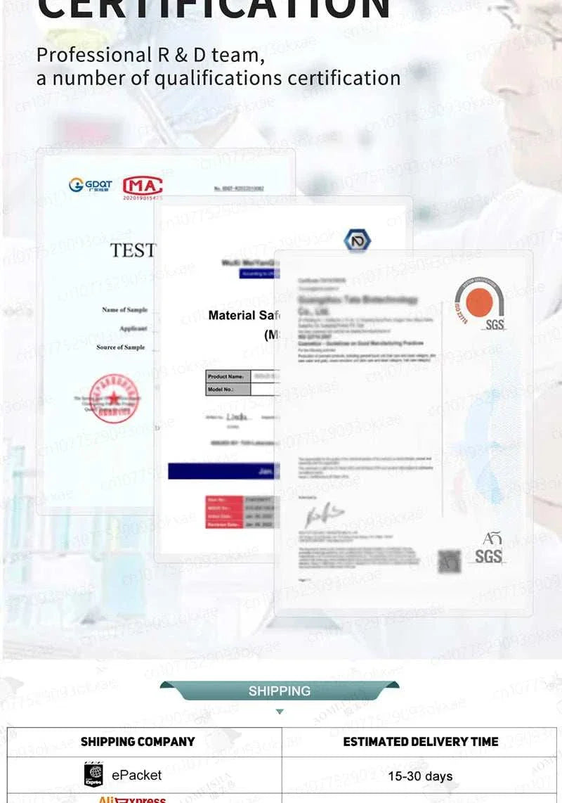 Certification documents for hair growth treatment product by professional R&D team