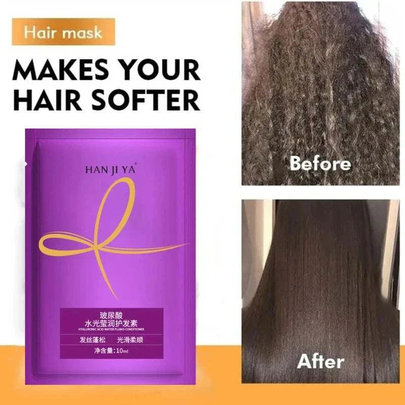 Keratin Hair Mask sachet with before and after images showing transformation from frizzy to smooth, soft hair