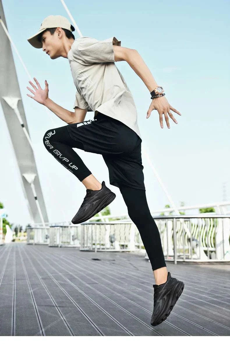 Athlete wearing black Carbon Plate Air Cushion running shoes mid-jump outdoors on wooden deck