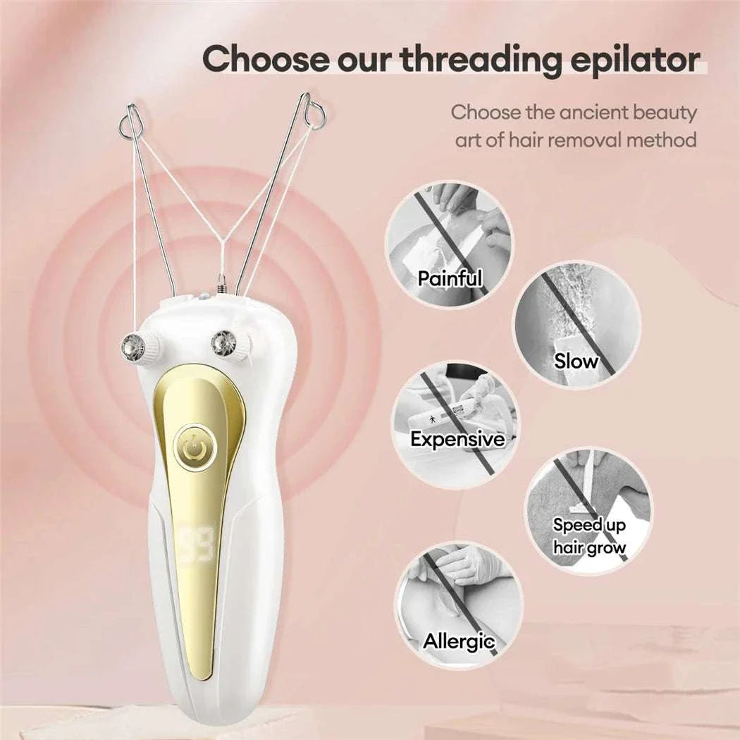 Electric body hair remover with cotton thread technology for painless, quick, and chemical-free hair removal, rechargeable and cordless design.