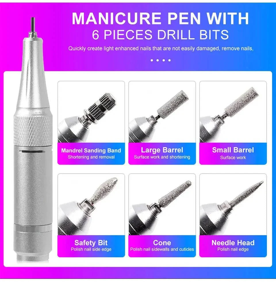 Rechargeable nail drill machine with 6 drill bits including mandrel sanding band, large barrel, small barrel, safety bit, cone, and needle head for professional manicure and nail care.
