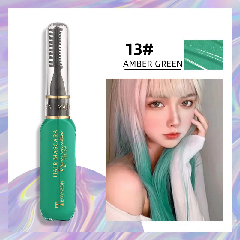 13 Colors One-Off Hair Color Mascara in Amber Green with brush applicator and model showing vibrant green hair highlights