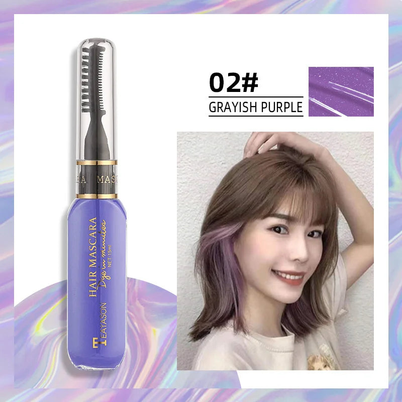 13 Colors One-Off Hair Color Mascara grayish purple shade with brush and model showing purple streaks in hair