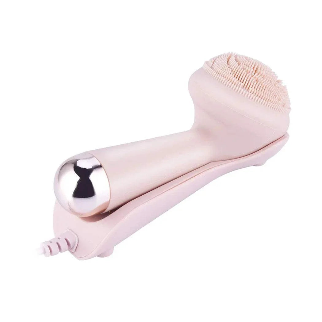 Electric silicone facial brush cleaner with vibration roller and soft bristles for deep pore cleansing and gentle massage