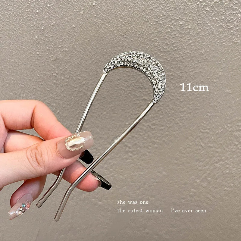 Pearl U-Shaped Hairpin with rhinestone decoration, 11cm elegant Korean shell bun clip for women and girls